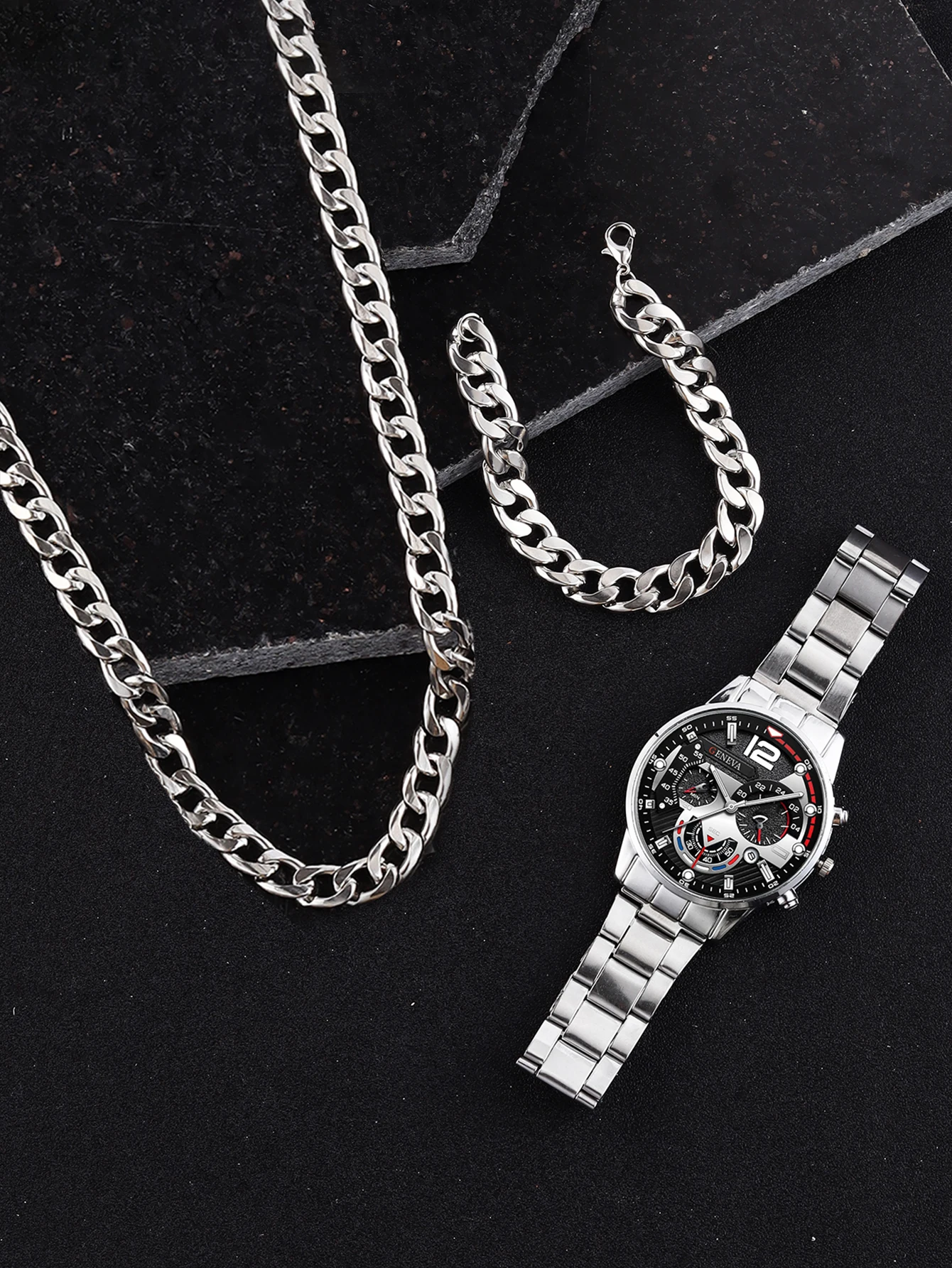3pcs Business style Silver White Mechanical design men's alloy quartz watch with calendar and alloy Cuba necklace bracelet set 3