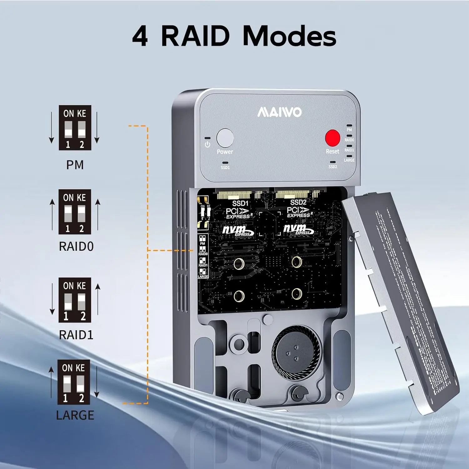 마이워 RAID NVMe 인클로저 USB3.2 GEN2x2 20Gbps 듀얼 베이 M.2 NVME SSD 케이스 리더 (RAID 0/1/PM/JBOD 지원, 쿨링 팬, 알루미늄 케이스)