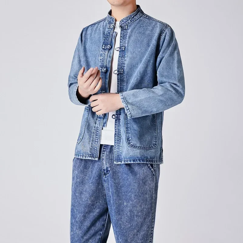 Men Chinese Style Shirt Autumn Men's Chinese Style Tang Suit Washed Denim Top Stand Collar Jacket Denim Jacket Men Casual Cotton coat Men