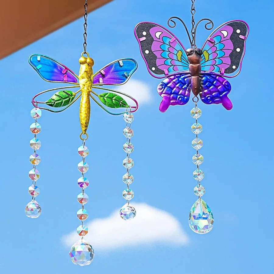 Stained Glass Window Hanging Suncatcher with Crystals Butterfly Dragonfly Sun Catchers Garden Decoration Prism Rainbow Maker