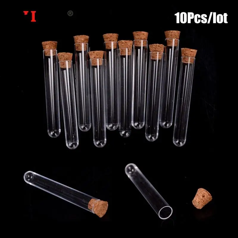 

10pcs/lot 12x75/12x100/15x100/15x150mm Laboratory Plastic Test Tube With Cork Clear Lab Favor Gift Tube , Refillable Bottle