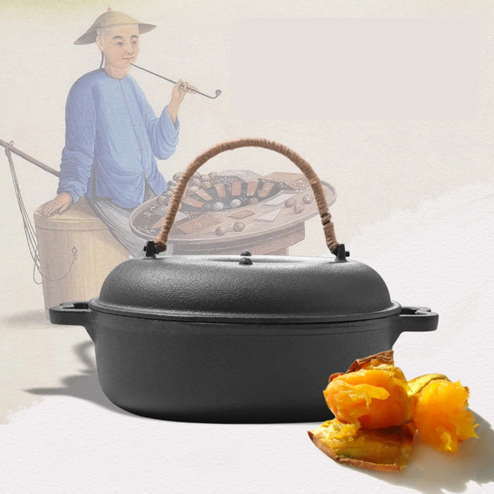Cast Iron Roasted Sweet Potato Pan with Lid Garlic Baker for Picnic Camping Patio Backyard Cooking