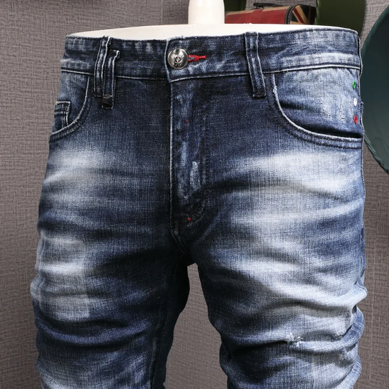 Streetwear Fashion Men Jeans High Quality Retro Black Blue Elastic Slim Fit Ripped Jeans Men Vintage Designer Brand Pants Hombre