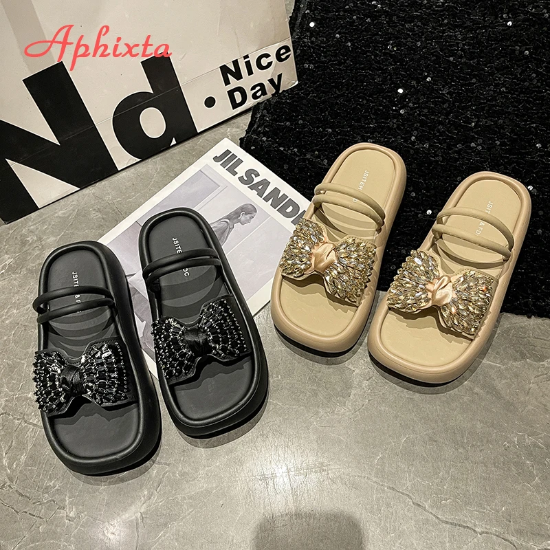 Aphixta New Crystal Butterfly Knot Modern Slipper Narrow Straps Sandals Shoes Thick Heel Summer Beach Slides sandalias de mujer