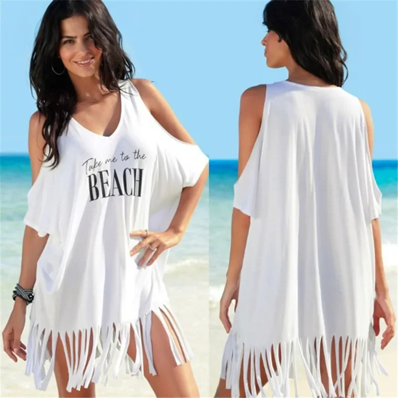 여름 해변 비키니 커버 여성 화이트 오프 숄더 Kafan Sarong 루즈 탑 캐주얼 드리 워진 셔츠 수영복 Beachwear