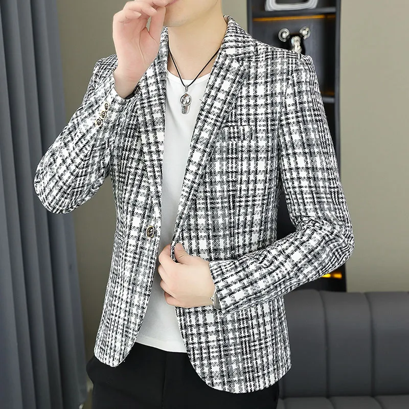 Blazer Men's Fashion Gentleman Business Outdoor Travel Plaid Slim-fit Korean Version of The Trend Handsome Youth Casual Blazer