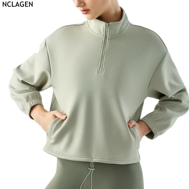 

NCLAGEN Standing Neck Half Zipper Autumn Winter Drawstring Fitness Top Women Slim Loose Fitting Shirts Gym Breathable Clothes