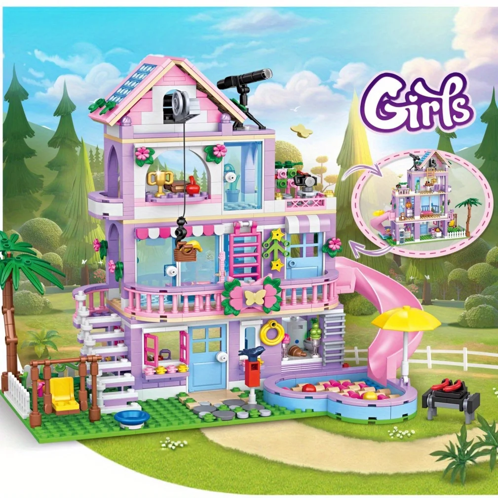 1 changement 2 blocs de construction de maison de ville d'amis, villa de bord de mer de vacances d'été avec toboggan, jouets MOC DIY pour enfants filles, cadeau d'anniversaire - AliExpress