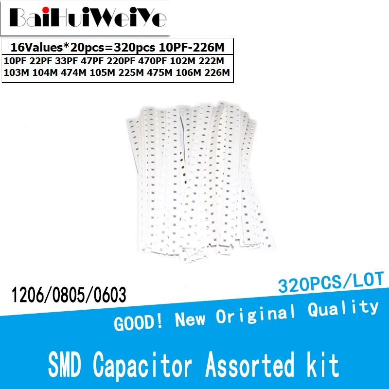 320PCS/LOT 0603 0805 1206 SMD Chip Ceramic Capacitor Assorted Kit 16 Values*20 Pcs 10PF-22UF Samples Kit Electronic Diy Kit diy electronic kit capacitor nfm15pc435r0g3d 4 3µf feed through capacitor 4v 2a nfm15pc105r0g3d uf 20% 4v 0402 cap feedthru new