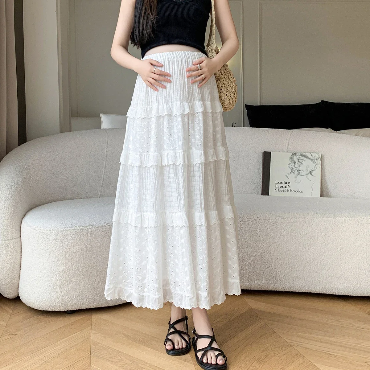 임산부 청소년 임신용 화이트 레이스 롱 케이크 스커트, 달콤한 신축성 허리, 느슨한 스트레이트 의류, 여름