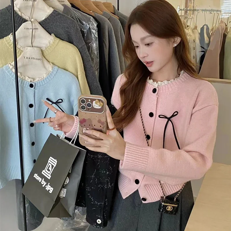 New Autumn and Winter Slim-fit Women's Cardigan Long Sleeve O Neck Lace Sweater Fashion Bow Single-breasted Solid Color Knitwear