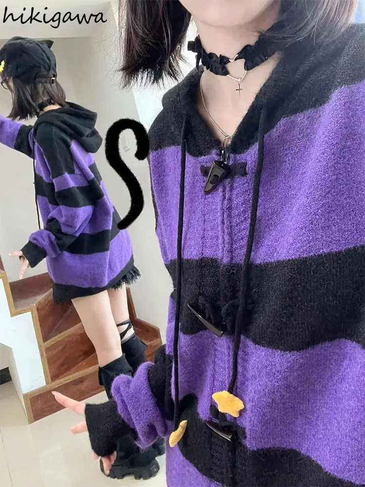 2025 Fall Winter Clothing Striped Sweater Jackets Women Pull Femme Hooded Fashion Cute Sueter Mujer Casual Knitted Y2k Cardigan 6