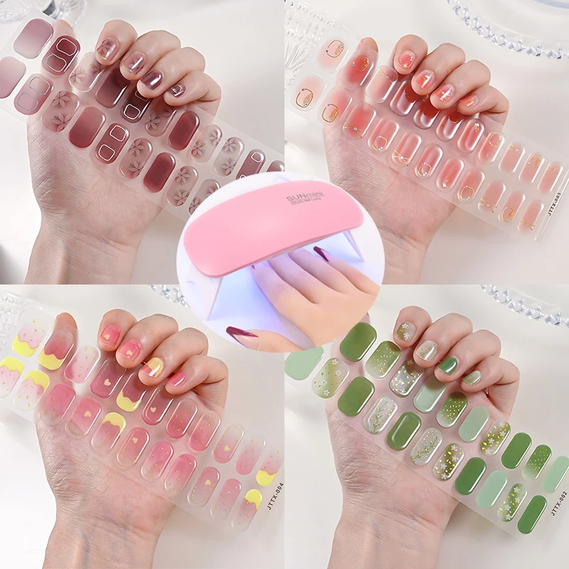 22Tips Semi-cured Gel Nail Sticker,French Line/Flower Nail Warps