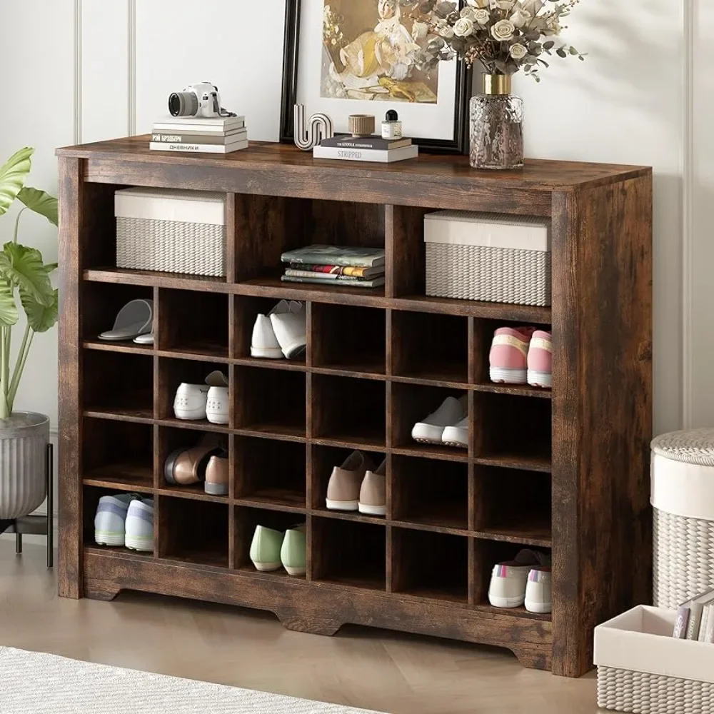 

24 Shoe Cubby Console, Sleek Design Modern Storage Cabinet with Base,Bedroom, Living Room, 45.2 inch Length, Brown