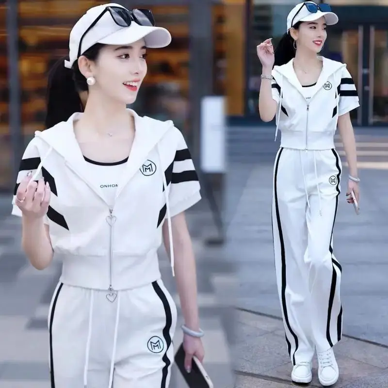Fashion Casual Set 2024 Early Autumn Fashionable Short Sleeved Cardigan Sports Pants Elegant Women's Two Piece Set