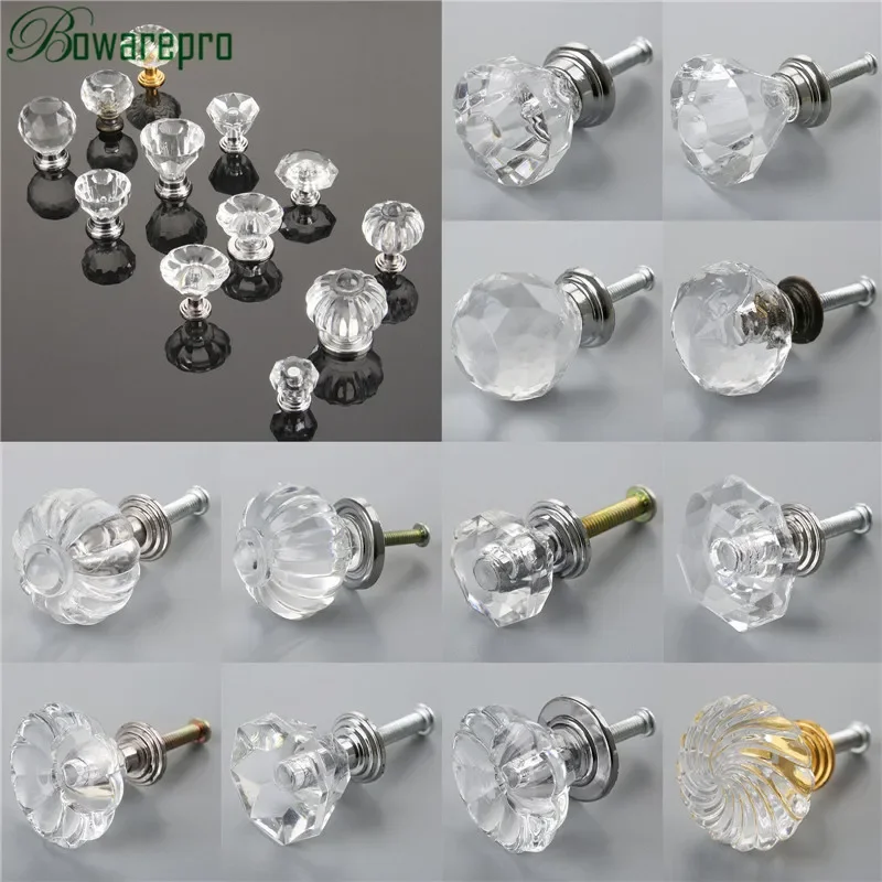 Diamond Clear Crystal Glass Transparent Acrylic Door Knob Furniture Cupboard Pulls Drawer Knobs Kitchen Cabinet Handle and Screw furniture knobs