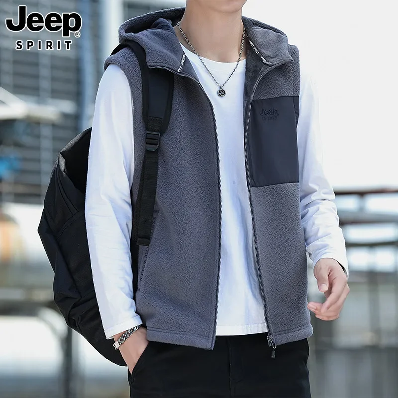Spirit 24New Autumn/Winter Trendy CasualVest Hooded Men's Jacket Outdoor Wear-Resistant Fleece Motorcycle Rider Vest