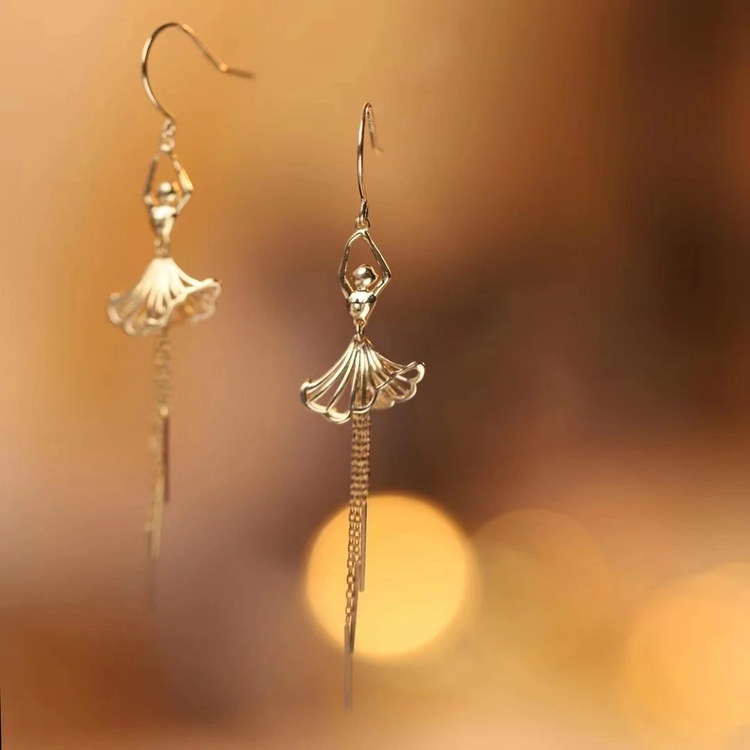 Ballet Dancer Earrings 18K Gold Import Solid Yellow Real Gold Jewelry