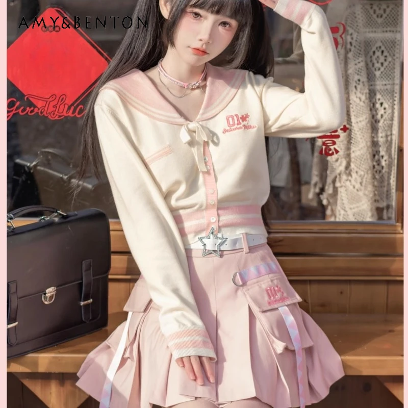 Japanese Preppy Style Lolita Sweet Cute Pink Knitwear Short Skirt Spring Summer Slim Fit Kawaii Top Mini Skirts Women's Clothes