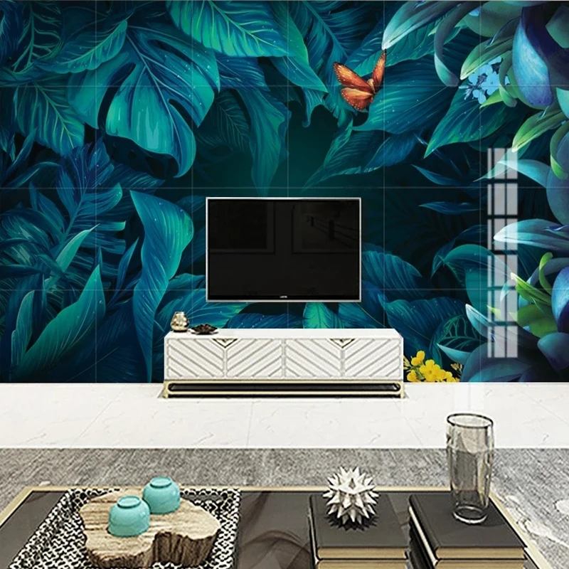 Folhas Verdes e Azuis Custom 3d Photo Wallpaper Papel Mural Adesivo Sala de Estar tv Fundo Parede Decoração para Casa Impermeável Lona