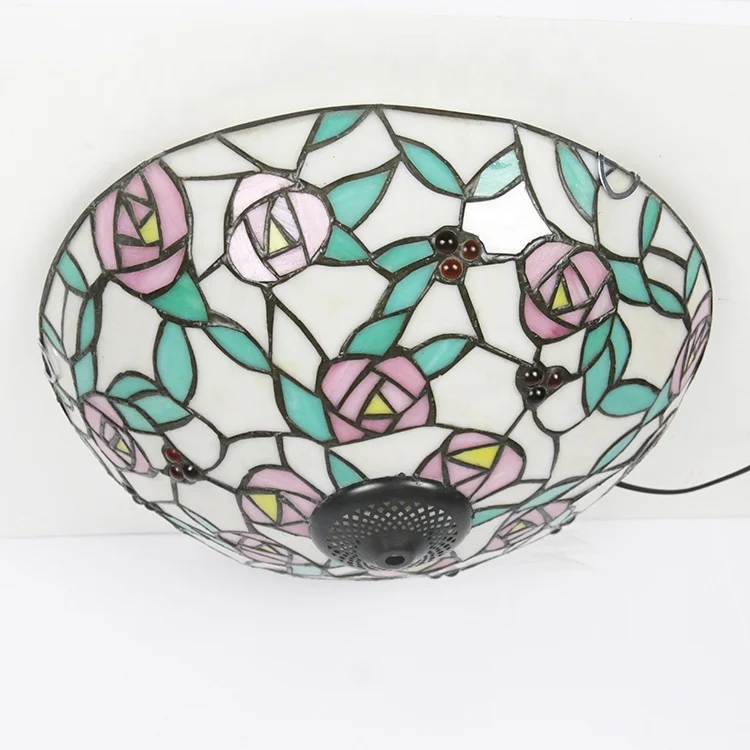 

LongHuiJing Tiffany Style Blue Red Floral Pattern Crystal Glass Round Shade LED Flush Mount