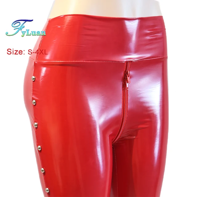 Open Cortch Double Zipper Shine PU Leather Skinny Women Pants Rivet Stage Club Long Trousers Tights Leggings Party Rock Costumes 2