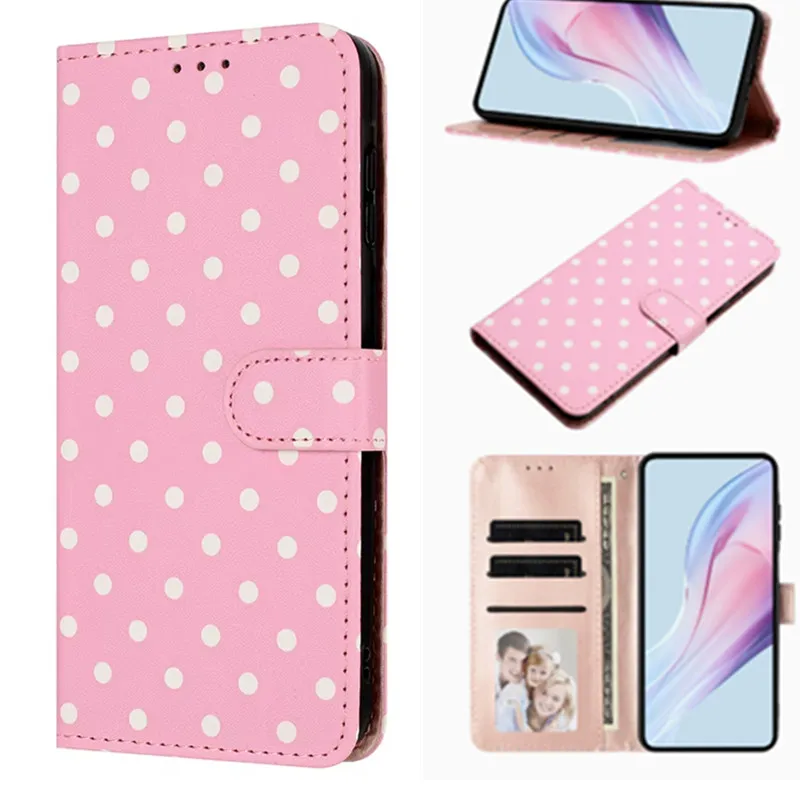 Luxury Leather Flip Wallet Card Case with Wave Dot Pattern - Elegant Phone Cover