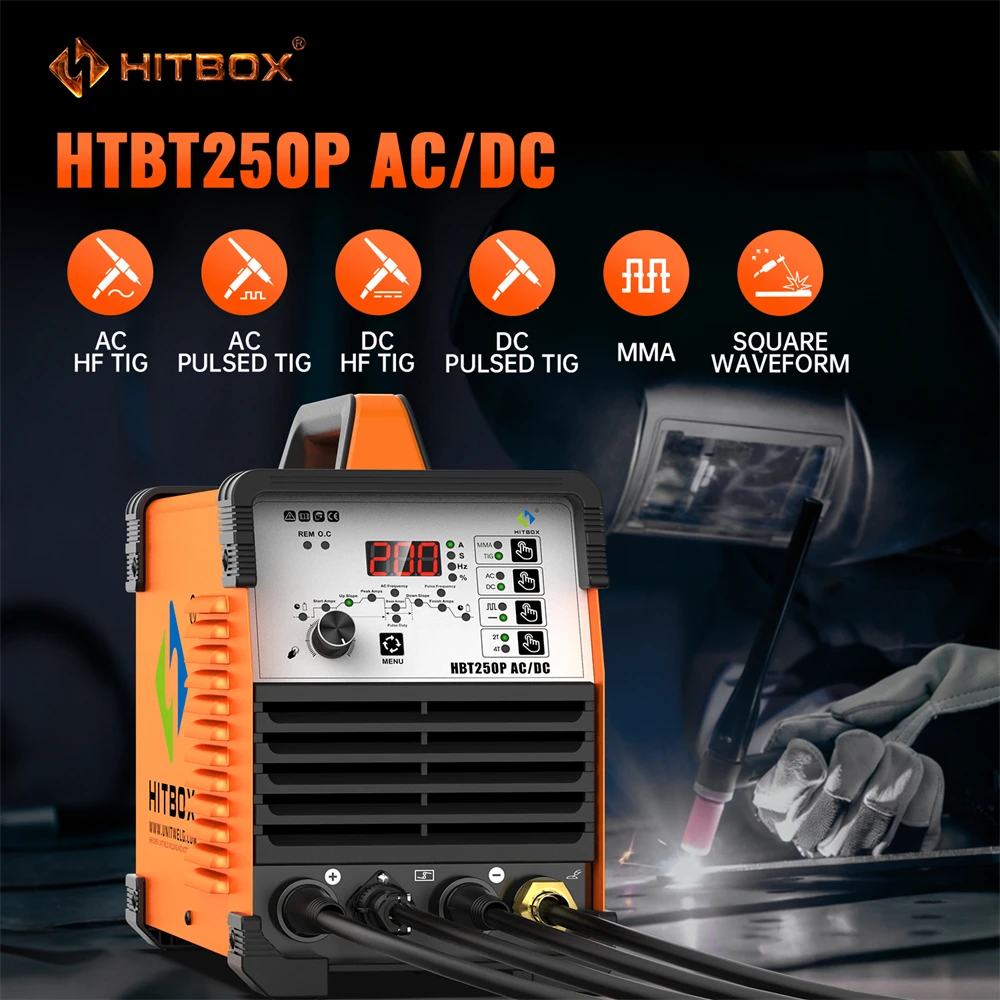 HITBOX HBT250P AC/DC TIG Aluminium-Schweißgerät 6-in-1 Stick MMA HF TIG 2T/4T Argon Präzisions-Digital-Puls-Schweißgerät für Magnesiumlegierung Edelstahl Kupfer AC Balance Tragbares IGBT Inverter-Schweißgerät 220V – Detail 1