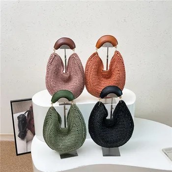 Borsa a tracolla da donna in paglia intrecciata a mano stile Boho estivo, a forma di mezzaluna, con manico superiore, traforata, in saldo