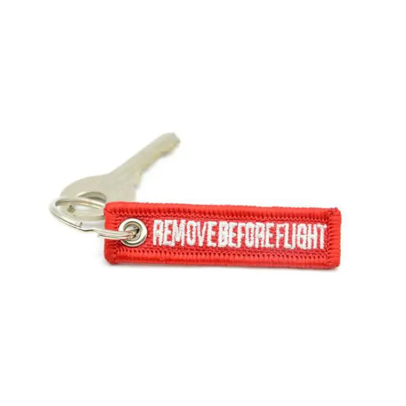 20 개/갑 비행 전에 제거 6.2*1.6 미니 크기 텍스트 양면 자수 자동차 키 체인 야외 Carabiner 열쇠 고리 도매