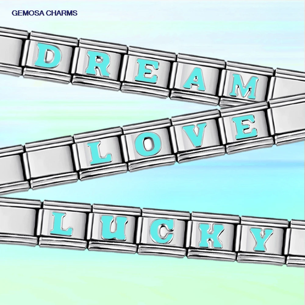 GEMOSA Himmelblau 26-englische Buchstaben A-Z Italienisch ​ Charms Links passen zu 9 mm Edelstahl-Schmuckperlen zur Herstellung von DIY-Armbändern