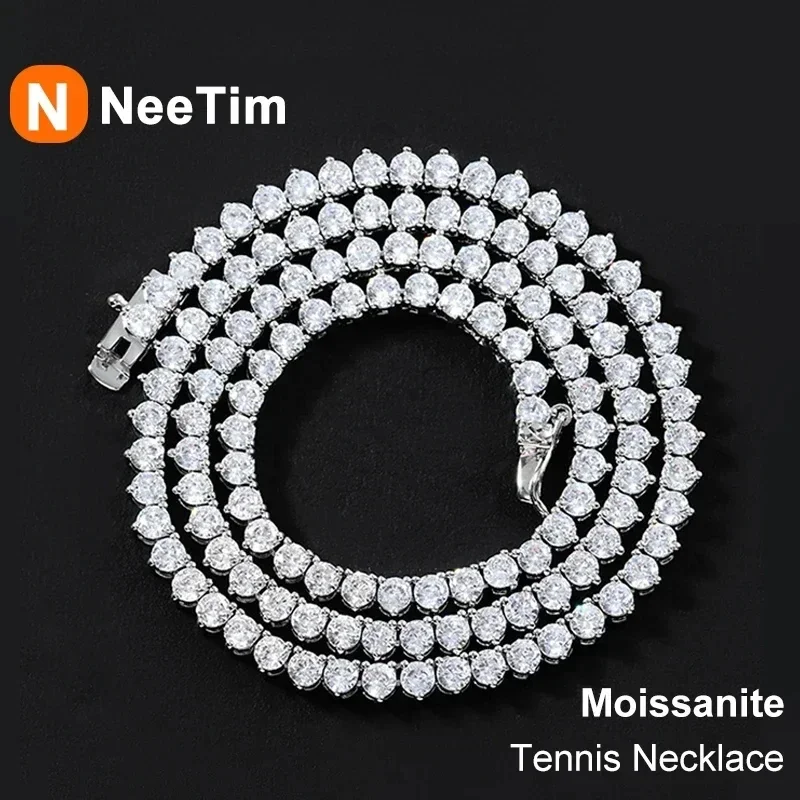 NeeTim Moissanite Tennis Necklace 3 Claw 925 Sterling Silver Plated 18k White Gold Sparkling Lab Diamond Necklaces for Women