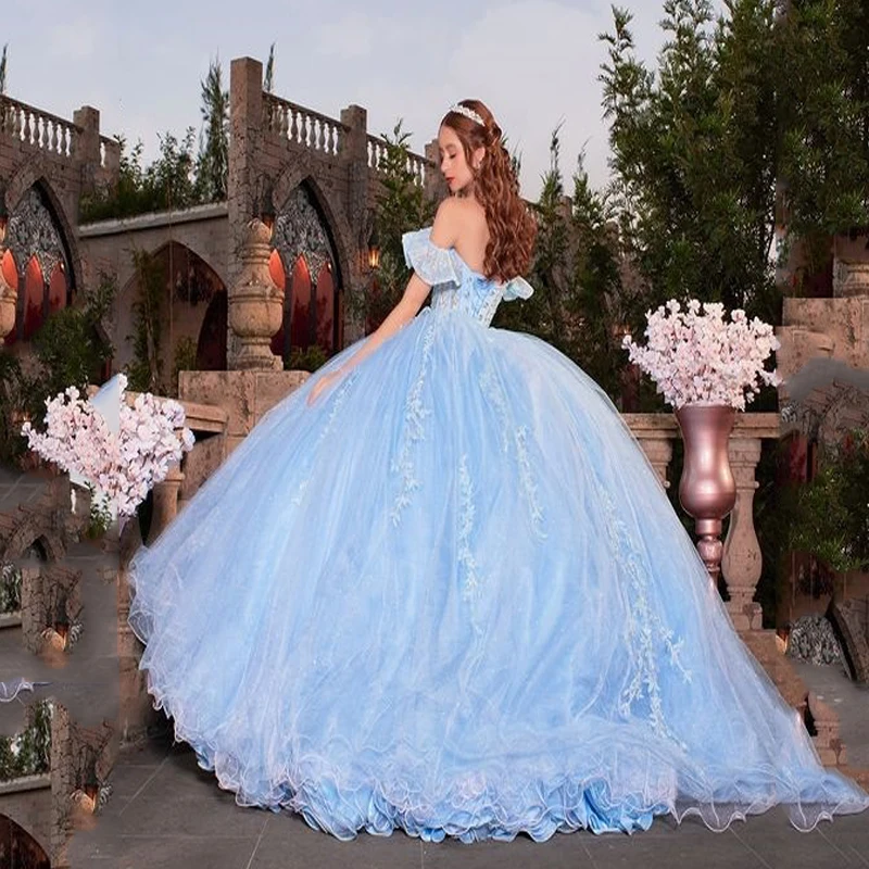 ANGELSBRIDEP Sky Blue Mexican Quinceanera Dresses 15 Party Mexican Girl Birthday Lace Crystal Vestidos De Debutante Customized