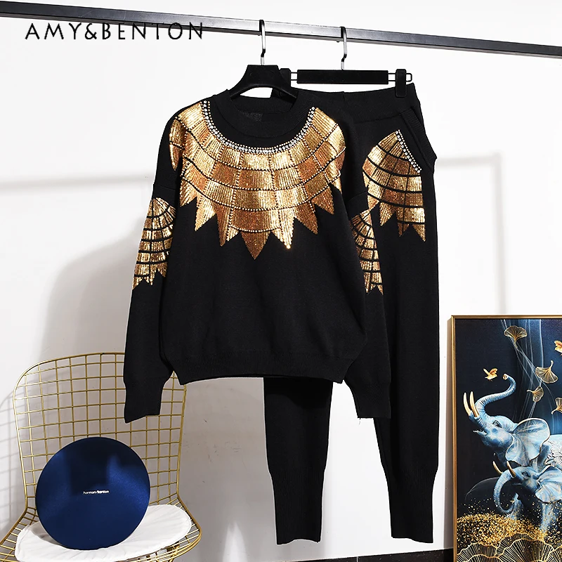 

New High-End Affordable Luxury Simple Fashion Heavy Embroidery Diamond Drills Long-Sleeve Top Sweater Tappered Pants 2 Piece Set