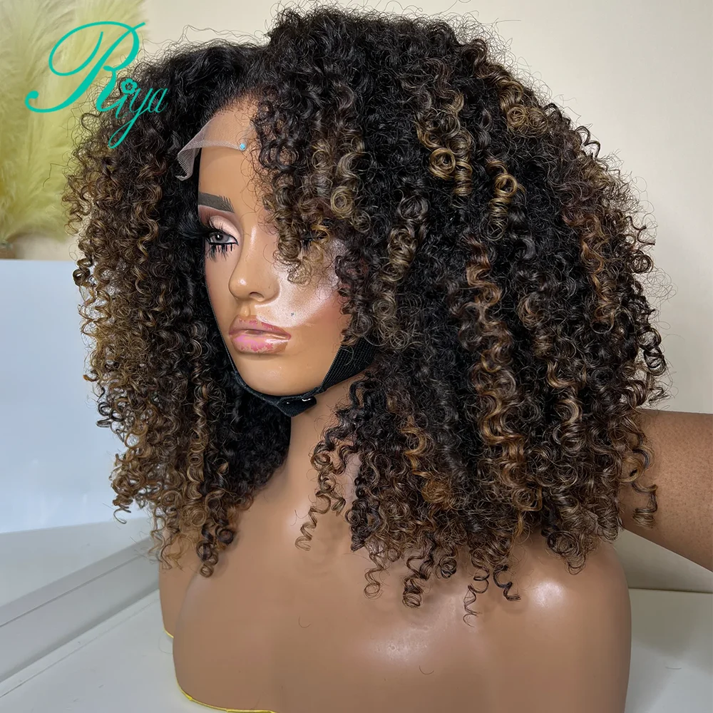 Brazilian Human Hair Coily Curly Wig Kinky Curly 13x6 Lace Frontal Wigs Remy 360 Full Lace With Bangs Omber Brown Color
