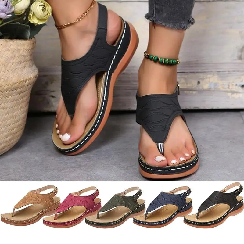 Orthotic Flat Sandals Solid Color Texture Pattern Women's Thong Sandals Comfort Sandals Women Orthopedic Sandals Arch Support