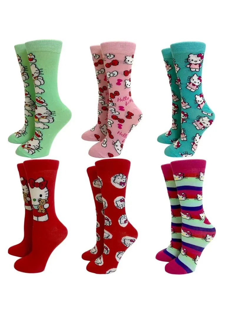 Hello Kitty Cartoon-Socken in Wadenlänge, 6 Paar, süße lange Socken mit Schleifenmuster, mädchenhafte Studenten-Baumwollsocken – Detail 6