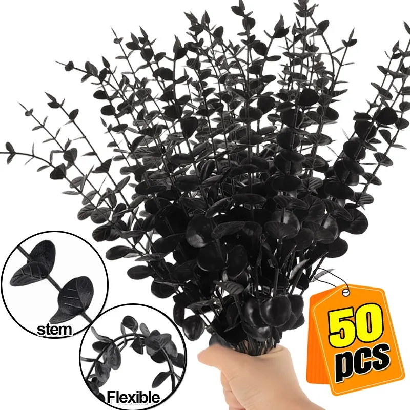 50/10x schwarze künstliche Eukalyptuszweige Simulationsblumen Stiele Halloween Thanksgiving Ornamente DIY Home Tischdekoration