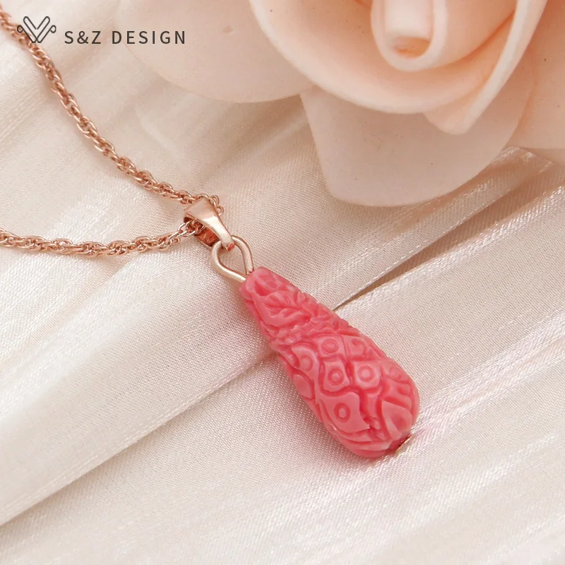 S&Z DESIGN New Fashion Water Drop Carve Flower Synthetic Shell Dangle Earrings Jewelry Sets For Women Wedding Necklace Gift