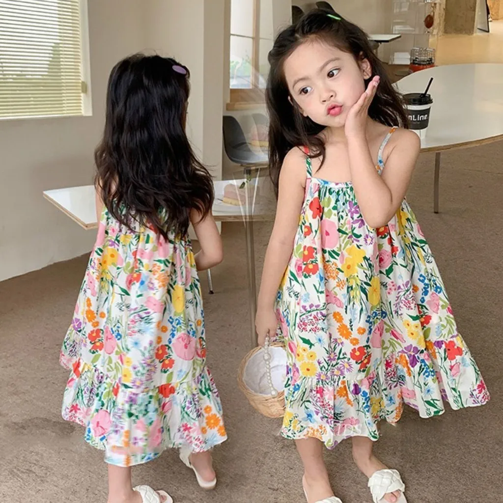 

2024 New Summer Colorful Wildflower Printed Sleeveless Vest Dress+bag European And American Style Baby Girl's Dress