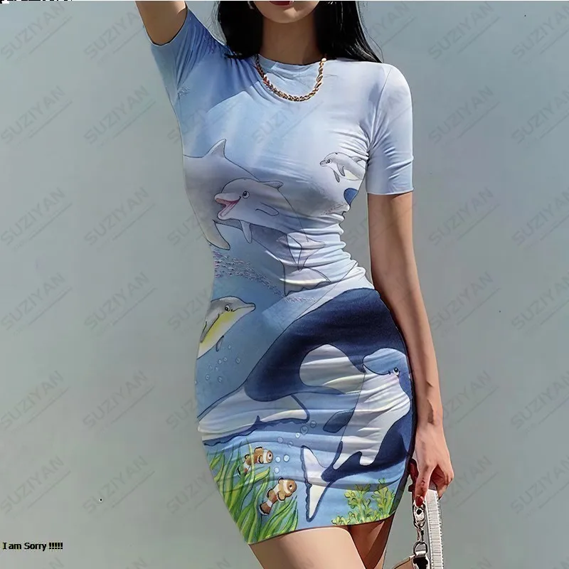 

2023 Summer New Hot Selling Tight Dress Women's Short Sleeve Round Neck Dress 3D Printed Women's Sexy Wrap Hip Breathable Dress