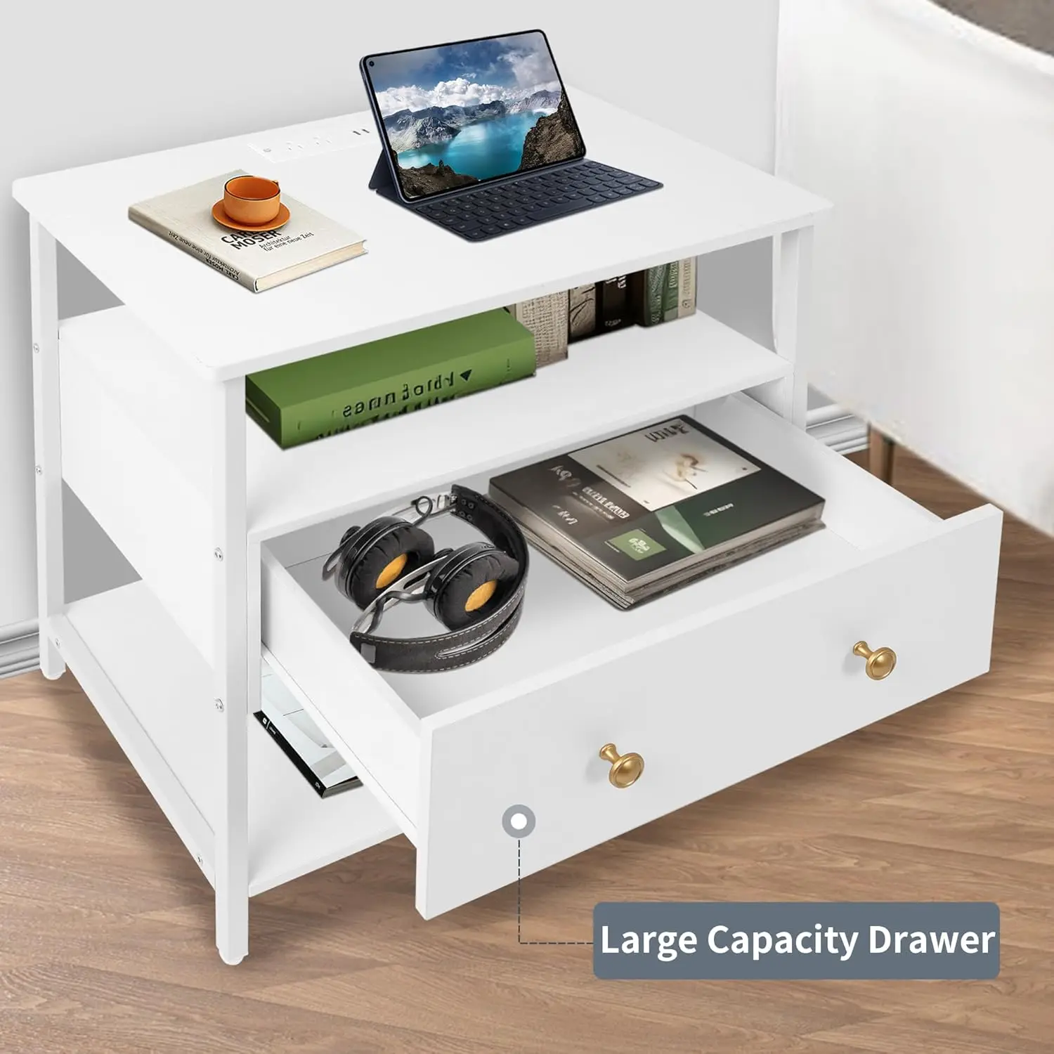 27 inch Nightstand Side Table with 1 Layer of Wooden Drawers，Nightstand with Charging Station,End Table Bedside Table