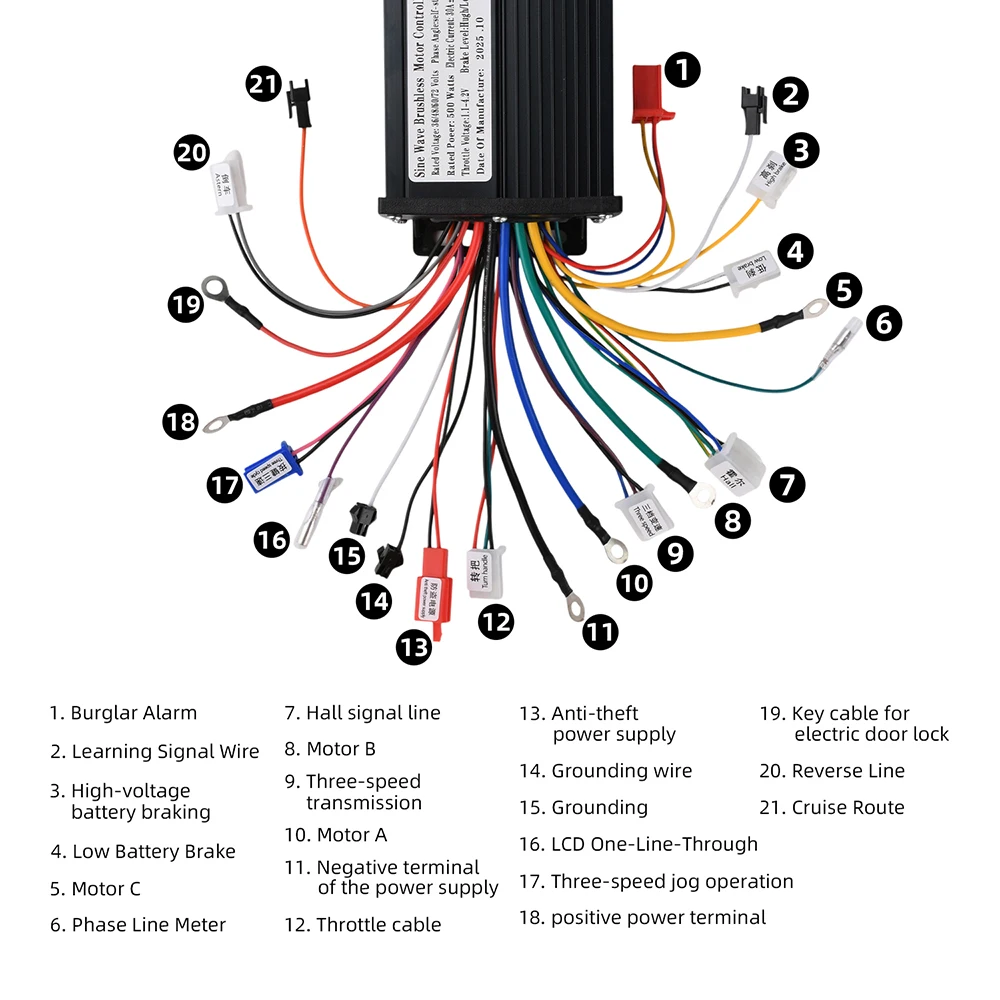 Kit Controller Motore Brushless 500W a Onda Sinusoidale per E-Bike 36V-72V, Controller per Scooter Elettrico a Tre Modalità, Silenzioso e ad Alta Efficienza - immagine 6