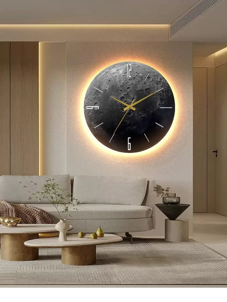 Sandstone Moon Silent Wall Clock Living Room Sofa Background Atmosphere Light Clock