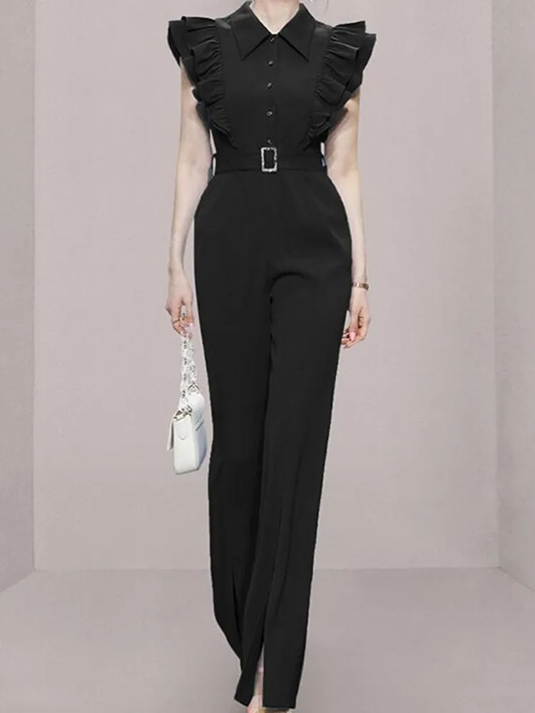 

ZAWFL 2023 Summer New Women's Korean Style Neck Jumpsuits Slim Waist Ruffle Sleeve Wide Leg Long Rompers Office Lady