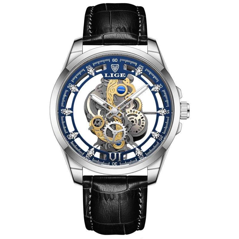 LIGE Gold Skeleton Retro Luxury Men's Wristwatch