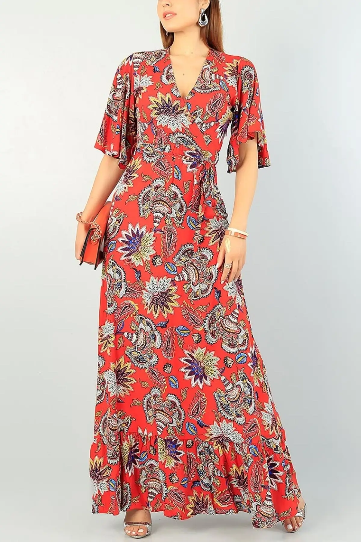 

Sash Detailed Patterned Flexible Fabric Short Sleeve Maxi Casual Dress 70463 Woven Crepe Floral Standard Cool & Comfort