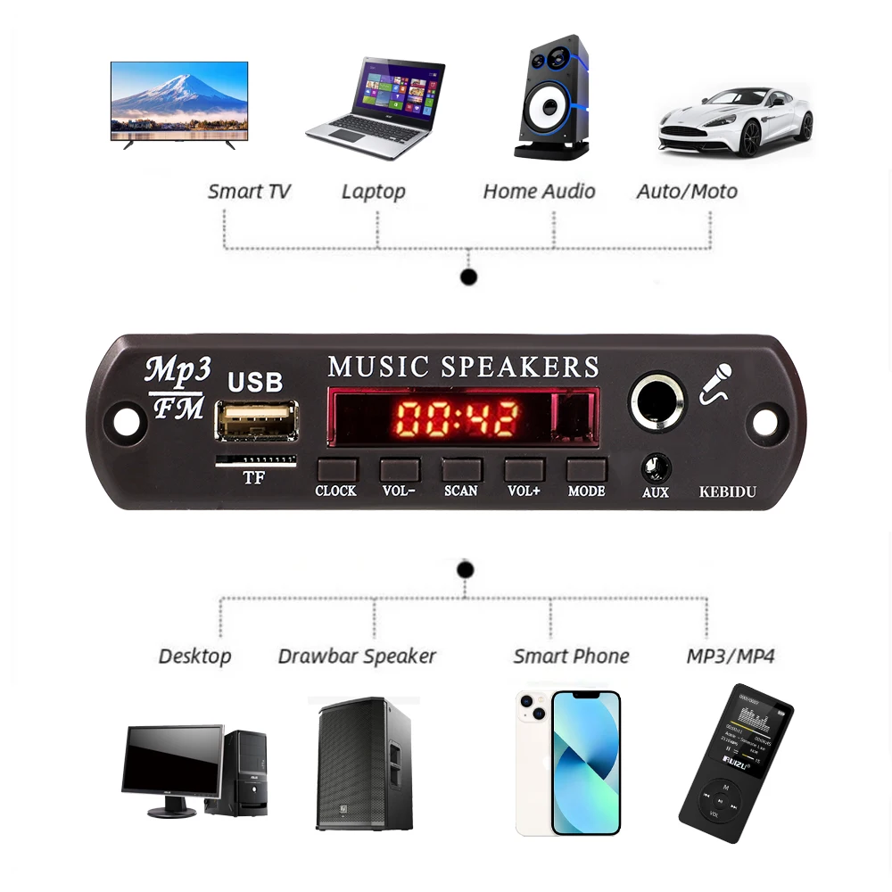Bluetooth Audio Adapter Fm Transmitter Car Mp3 Player Bluetooth Music Player Bluetooth 5.3 decoding board MP3 12-15V Decoder Board Clock Time Display Microphone Car FM Radio USB TF Music Player Speaker