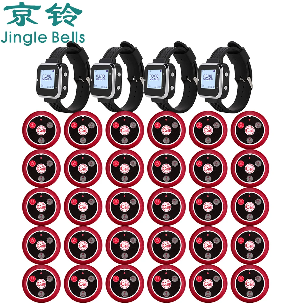 JINGLE BELLS 4 Waiter Wrist Watch Receiver 30 Table Button Wireless Calling Systems Transmitter for Restaurants Hotel Pager