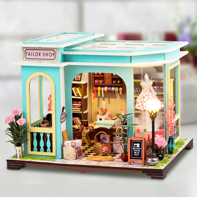 

DIY Wooden Tailor Shop Casa Miniature Building Kits Bookend With Lights Assembled Bookshelf Home Decoration Friends Gifts